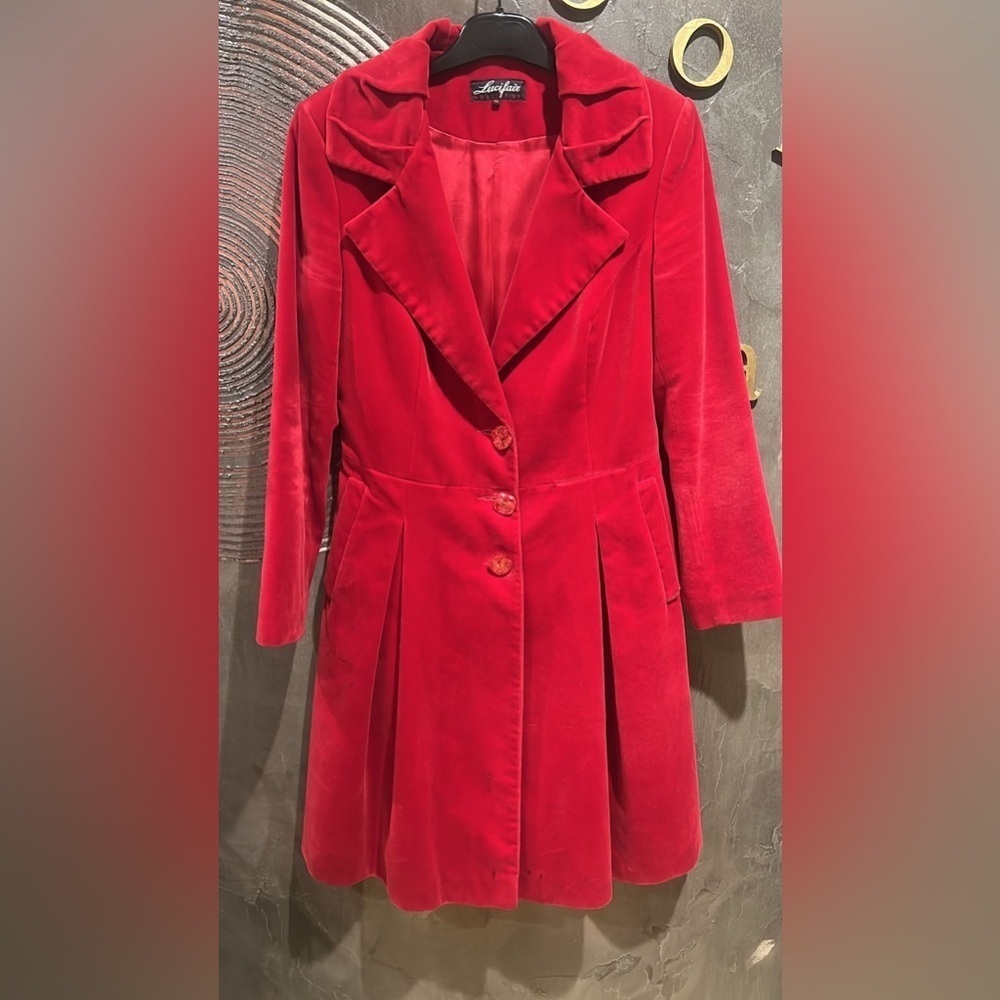 Red Velvet Cotton Coat | Size 10 | Cinched Waist | Winter Statement Jacket